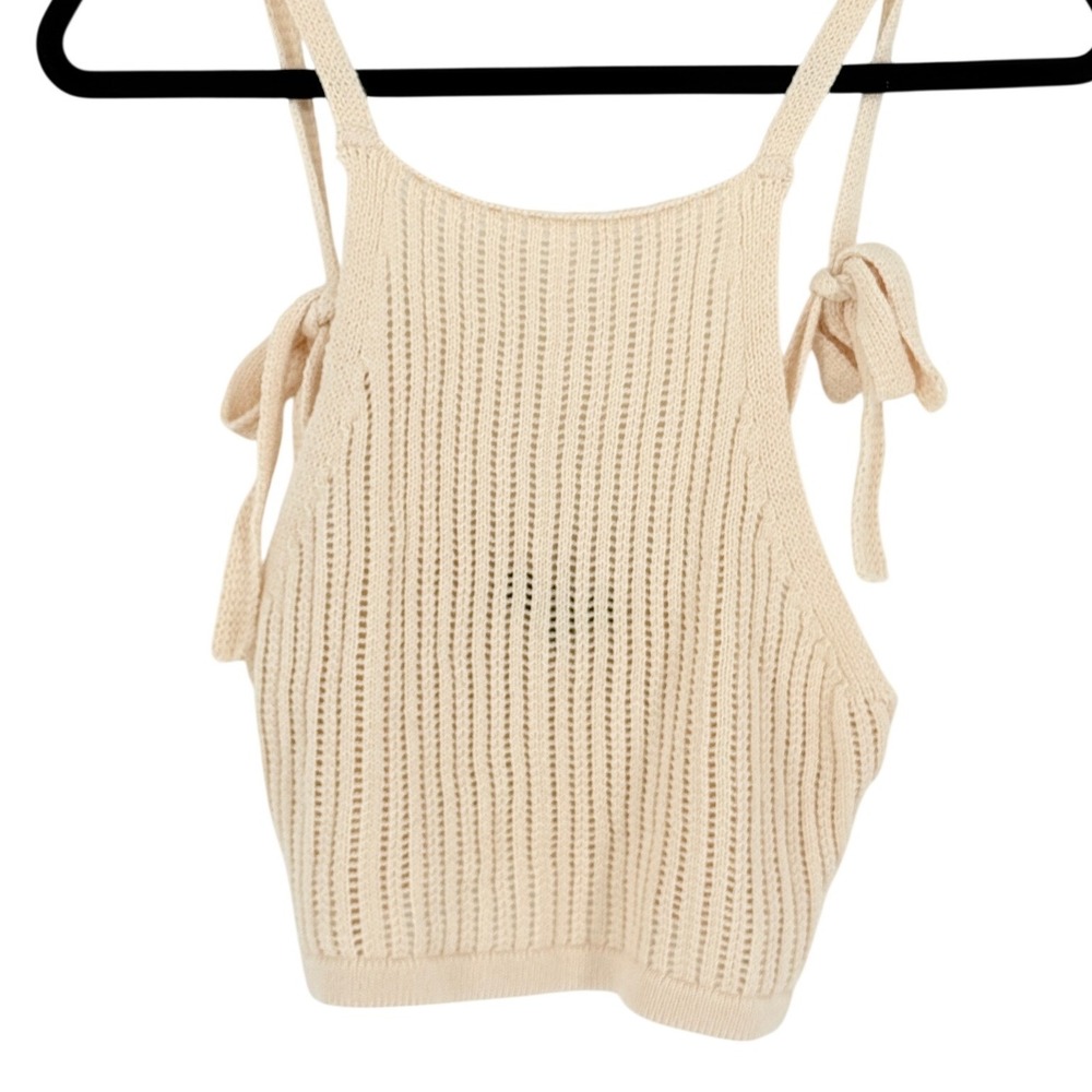 Lulus Womens Crochet Tan Cropped Tank Top Bow XS Festival Concert Nautical Coast